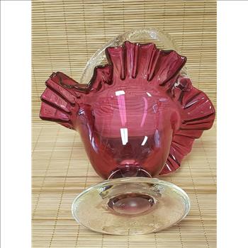 Hand Blown Ruffled Edge Cranberry Clear Handle & Pedestal Glass Basket