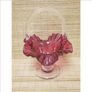 Hand Blown Ruffled Edge Cranberry Clear Handle & Pedestal Glass Basket