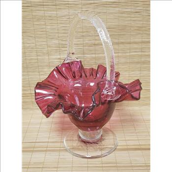 Hand Blown Ruffled Edge Cranberry Clear Handle & Pedestal Glass Basket