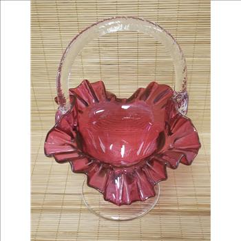 Hand Blown Ruffled Edge Cranberry Clear Handle & Pedestal Glass Basket