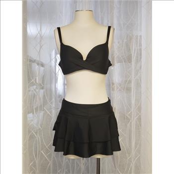Women's 2 Piece Solid Black Underwired Padded Top Ruffled Skort Bottom, Sz L