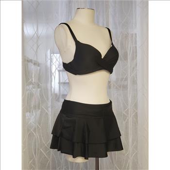 Women's 2 Piece Solid Black Underwired Padded Top Ruffled Skort Bottom, Sz L