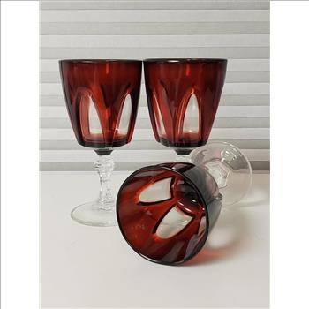 Cristal D'Arques Durand France Gothic Ruby Red W/ Clear Stem Wine Glasses, 3-Pcs