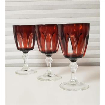 Cristal D'Arques Durand France Gothic Ruby Red W/ Clear Stem Wine Glasses, 3-Pcs