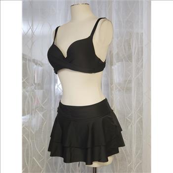 Women's 2 Piece Solid Black Underwired Padded Top Ruffled Skort Bottom, Sz L