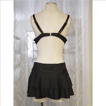 Women's 2 Piece Solid Black Underwired Padded Top Ruffled Skort Bottom, Sz L