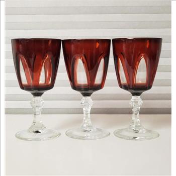 Cristal D'Arques Durand France Gothic Ruby Red W/ Clear Stem Wine Glasses, 3-Pcs