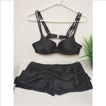 Women's 2 Piece Solid Black Underwired Padded Top Ruffled Skort Bottom, Sz L