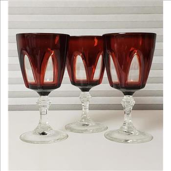 Cristal D'Arques Durand France Gothic Ruby Red W/ Clear Stem Wine Glasses, 3-Pcs