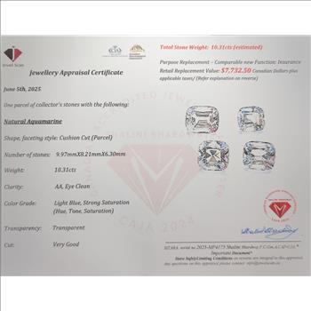 10.31 Carats Cert Aquamarine Gemstones Appraised $7,732.00