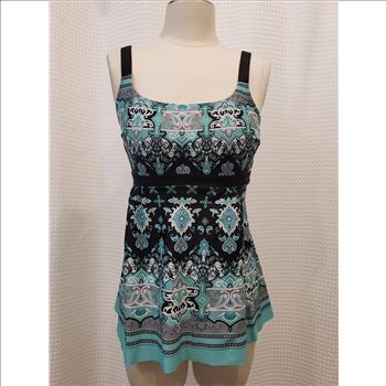 Women Teal Blue Printed Tummy Control Tankini Top Only Sz Medium