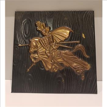 VTG Charging Medieval Knight on Horse Hammered Brass Wall Decor, Made in England
