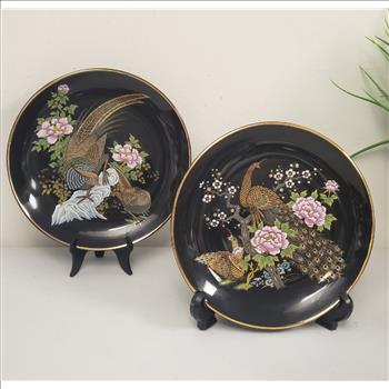 Set of 2 Vintage Imperial Kutani Black Decorative Plates, 6.25