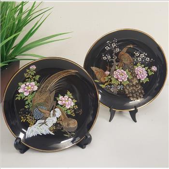 Set of 2 Vintage Imperial Kutani Black Decorative Plates, 6.25