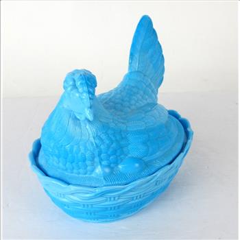 Vintage Blue Milk Glass Hen-On-Nest Covered Dish