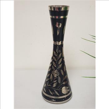 Vtg Hand Etched Floral Pattern Silver Plated Black Enamel Metal Trumpet Vase 10