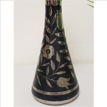 Vtg Hand Etched Floral Pattern Silver Plated Black Enamel Metal Trumpet Vase 10