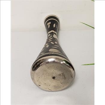Vtg Hand Etched Floral Pattern Silver Plated Black Enamel Metal Trumpet Vase 10