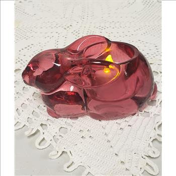 Vintage Indiana Glass Cranberry Bunny Figure Votive/Tea Candle Holder, Made in USA