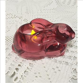 Vintage Indiana Glass Cranberry Bunny Figure Votive/Tea Candle Holder, Made in USA