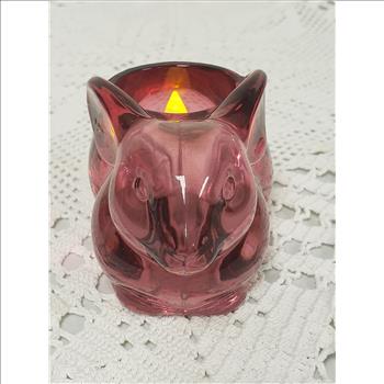 Vintage Indiana Glass Cranberry Bunny Figure Votive/Tea Candle Holder, Made in USA