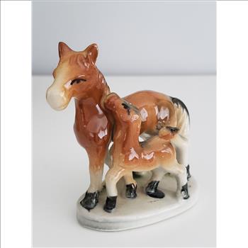 Vintage Hand Painted Horse with Foal Ceramic Figurine Japan