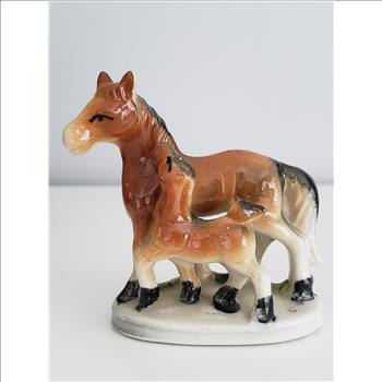 Vintage Hand Painted Horse with Foal Ceramic Figurine Japan