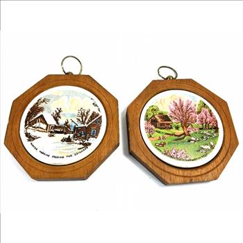 Pair of Wall Ceramic Hand Painted Pictures In Wooden Plaques 1950's