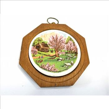 Pair of Wall Ceramic Hand Painted Pictures In Wooden Plaques 1950's