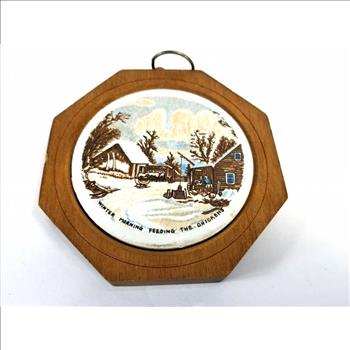 Pair of Wall Ceramic Hand Painted Pictures In Wooden Plaques 1950's