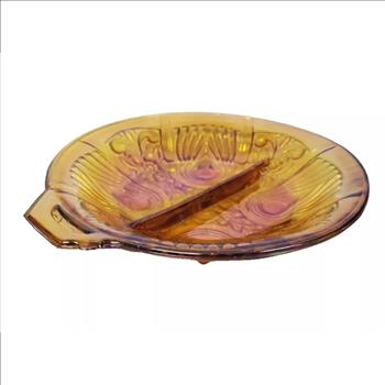 Vintage USA Amber Indiana Carnival Glass Divided Relish Candy Dish Tray Bowl