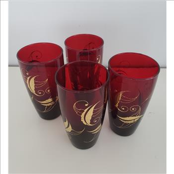 VTG Anchor Hocking Glass Set of 4 Ruby Red Gold Leaf Tumblers 