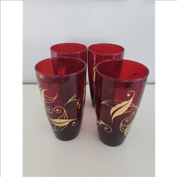 VTG Anchor Hocking Glass Set of 4 Ruby Red Gold Leaf Tumblers 
