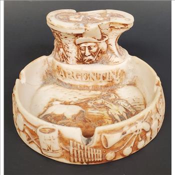 Vintage Hand Carved Argentina Gaucho Steer Scene Resin Ash Tray