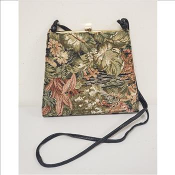 Vintage Cabrelli Canada Floral Woven Jacquard Fabric Leather Handle Women's Crossbody/Shoulder Bag