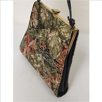 Vintage Cabrelli Canada Floral Woven Jacquard Fabric Leather Handle Women's Crossbody/Shoulder Bag