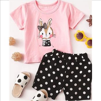Baby Girl Cartoon Rabbit Tee and Polka Dot Short Size 2Y