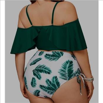 Women's 2 Piece Ruffled Solid Top Leaf Print Boho Tie Side Swimsuit Sz  2XL