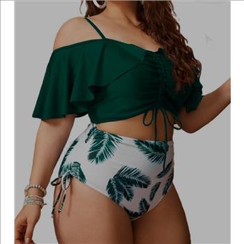 Women's 2 Piece Ruffled Solid Top Leaf Print Boho Tie Side Swimsuit Sz  2XL