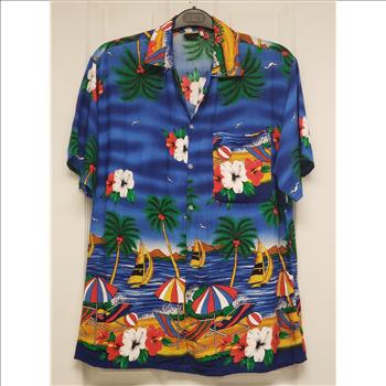 Vintage/Retro In Gear Tropical Beach Front Print Men's Hawaiian Shirt Button-Up Short Sleeves, Sz L