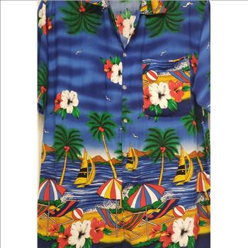 Vintage/Retro In Gear Tropical Beach Front Print Men's Hawaiian Shirt Button-Up Short Sleeves, Sz L