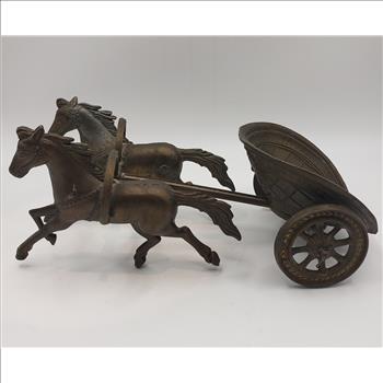 VTG  2 Brass Horses Pulling a Chariot/Carriage Sculpture