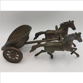 VTG  2 Brass Horses Pulling a Chariot/Carriage Sculpture