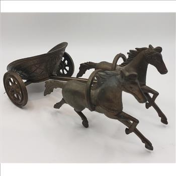 VTG  2 Brass Horses Pulling a Chariot/Carriage Sculpture