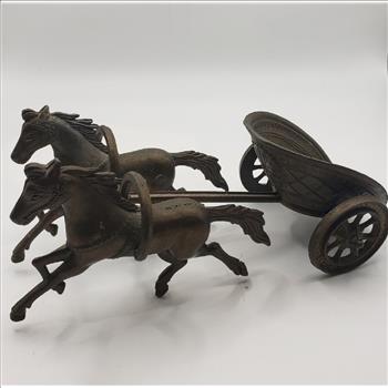 VTG  2 Brass Horses Pulling a Chariot/Carriage Sculpture