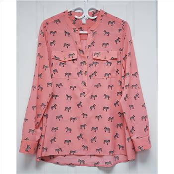 Charter Club Women's Coral Zebra Print Roll Tab Sleeves Button-Up Blouse, Sz M