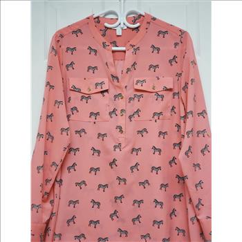Charter Club Women's Coral Zebra Print Roll Tab Sleeves Button-Up Blouse, Sz M