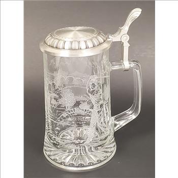 Vintage Germany Zinn Pewter Glass Stein Etched Golfing Scene 7