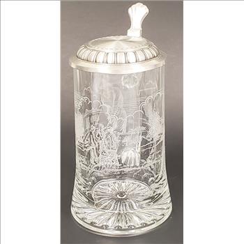 Vintage Germany Zinn Pewter Glass Stein Etched Golfing Scene 7