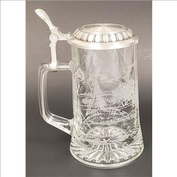Vintage Germany Zinn Pewter Glass Stein Etched Golfing Scene 7